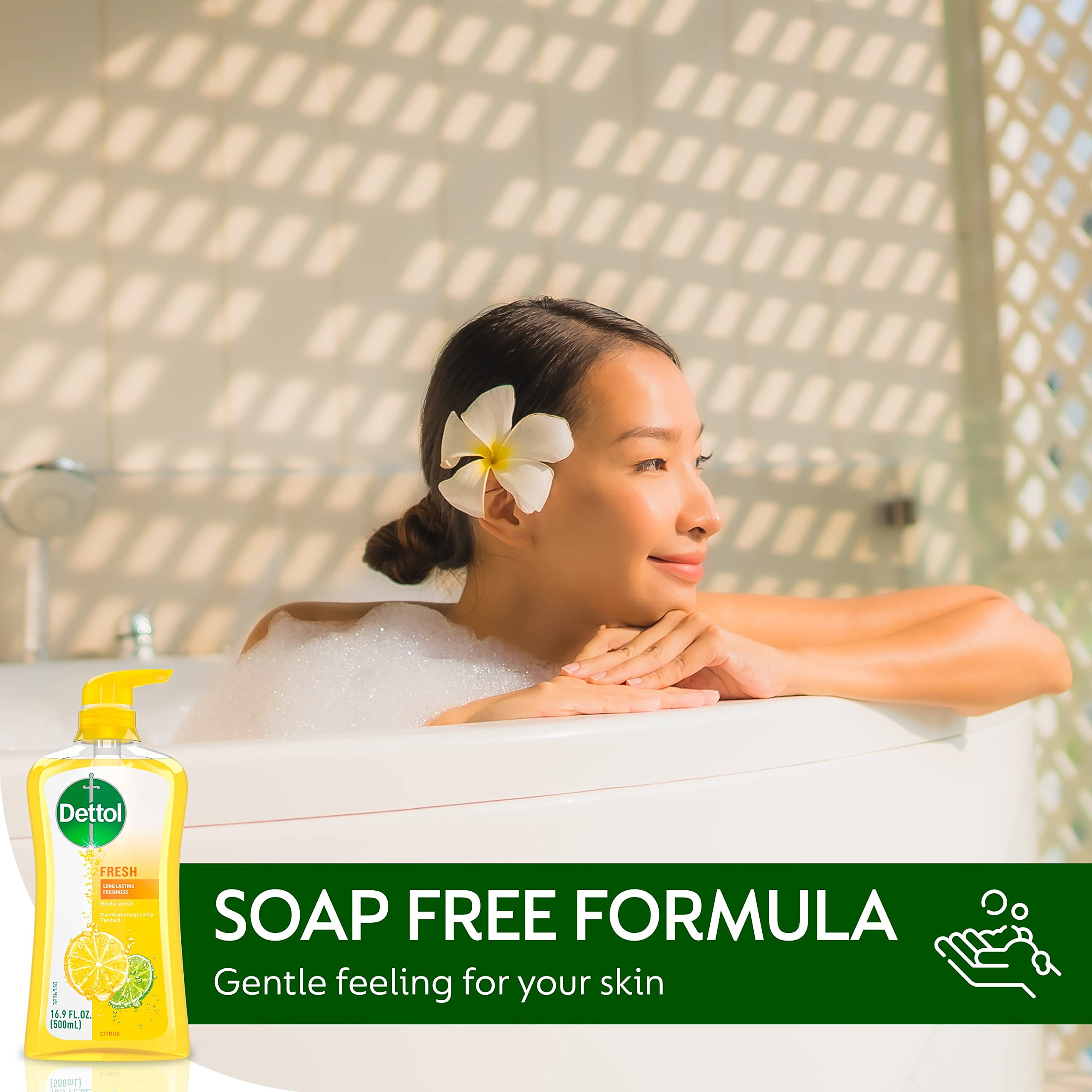 Dettol lather on a loofah showing dense foam for efficient wash