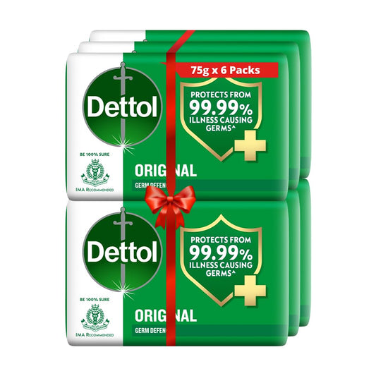 Dettol original bar soap front packaging showing brand and size benefits