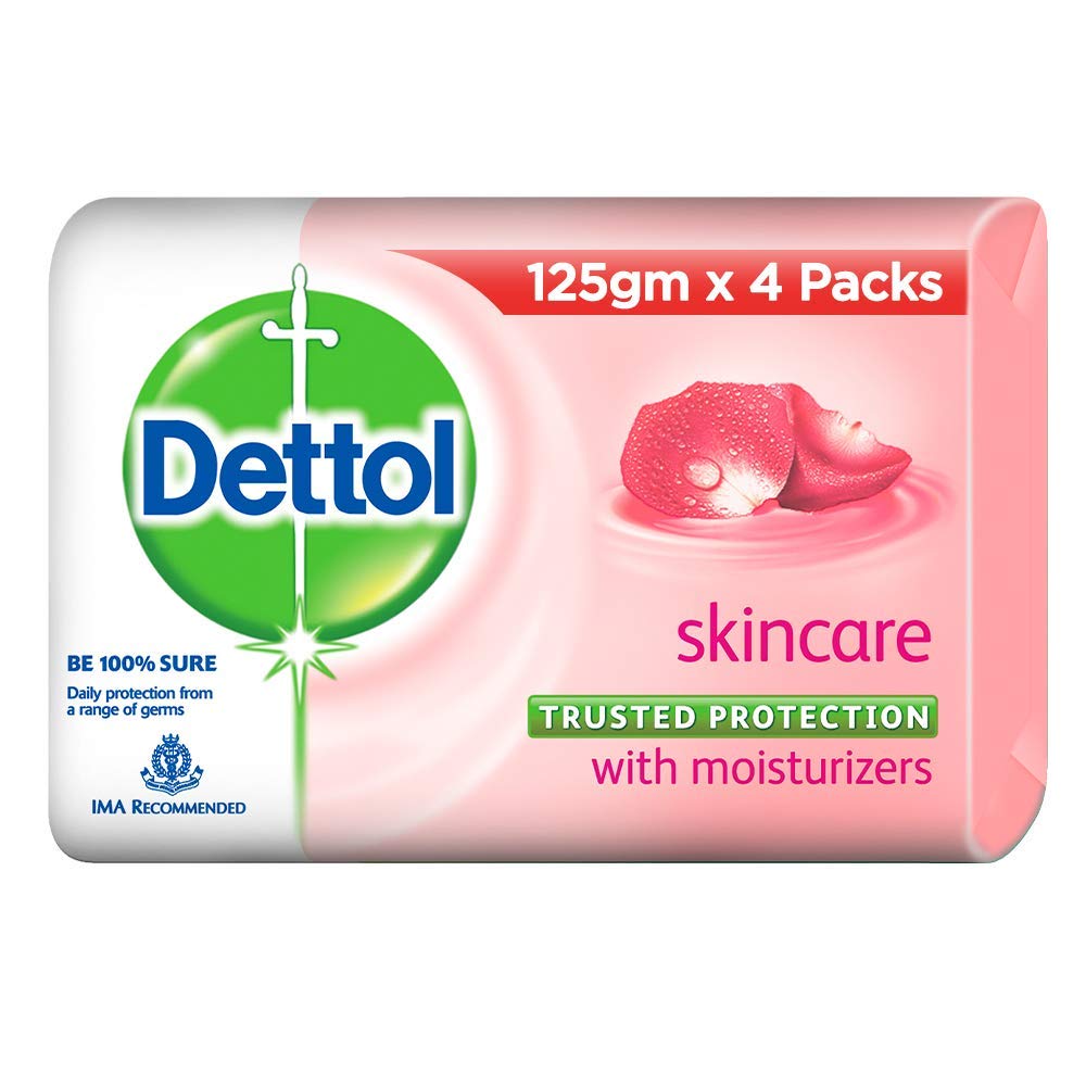 Dettol skincare soap pack front showing four 125g bars and clear value