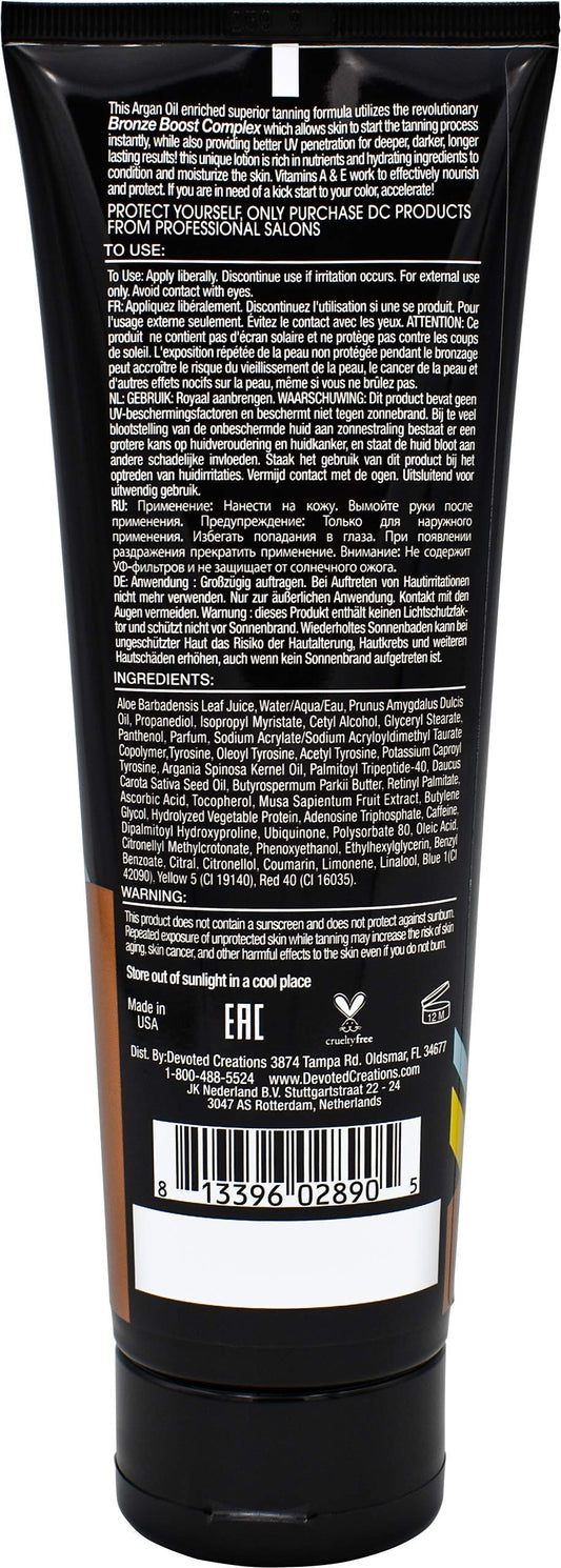 Devoted Creations lotion texture poured on hand highlighting argan-enriched moisturizing feel