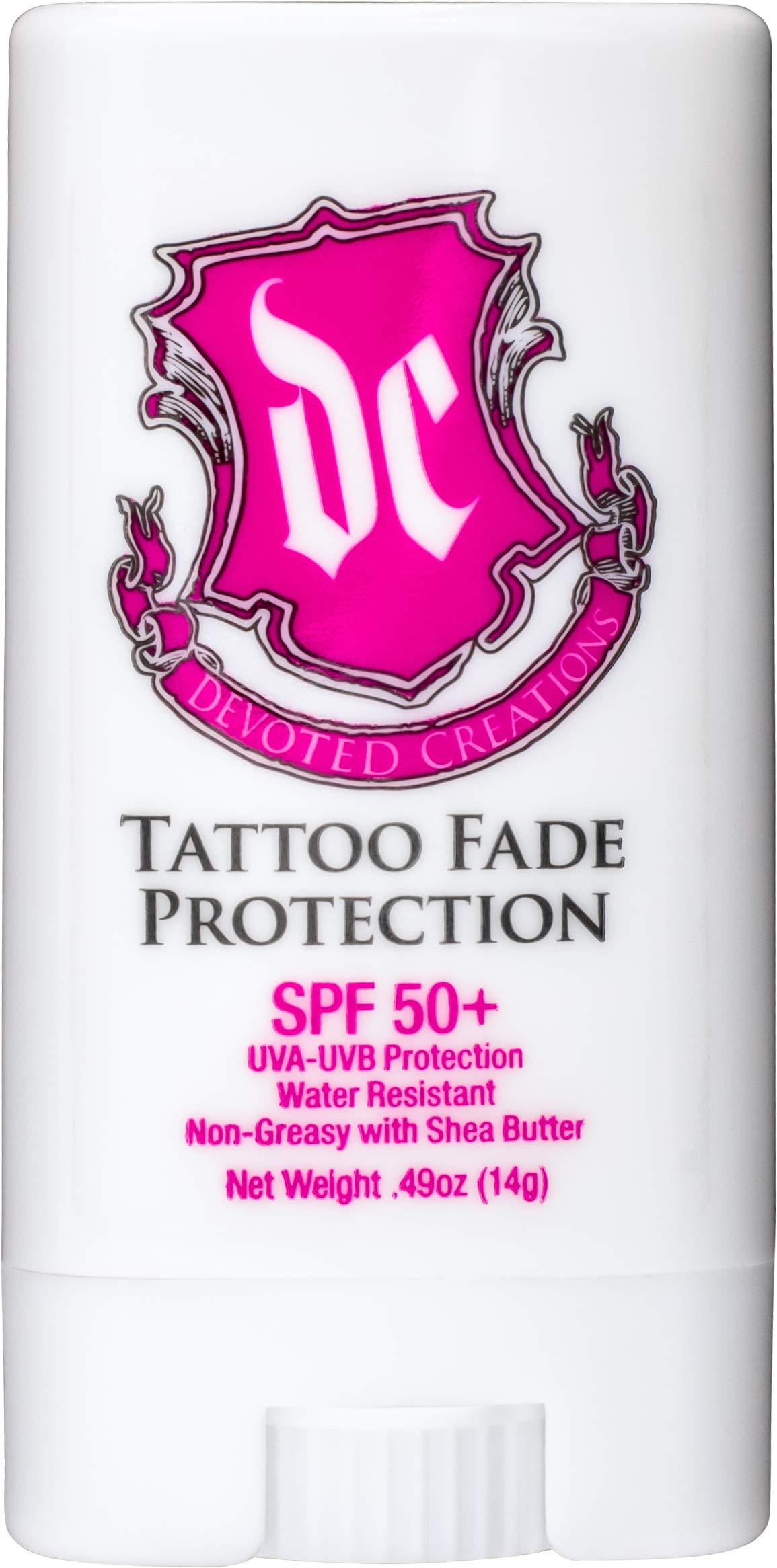 Devoted Creations front view showing compact SPF 50+ stick for tattoo protection
