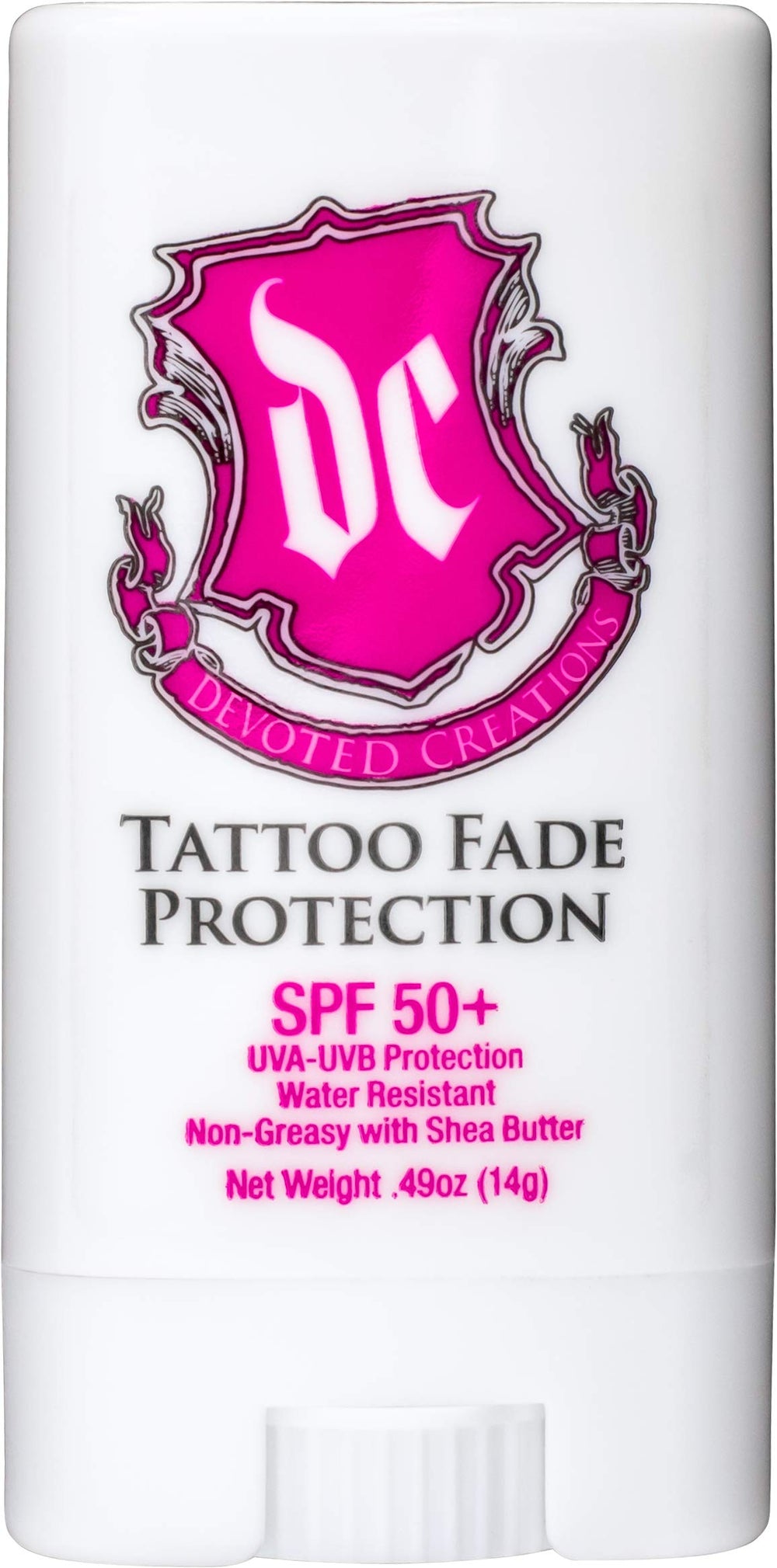 Devoted Creations front view showing compact SPF 50+ stick for tattoo protection