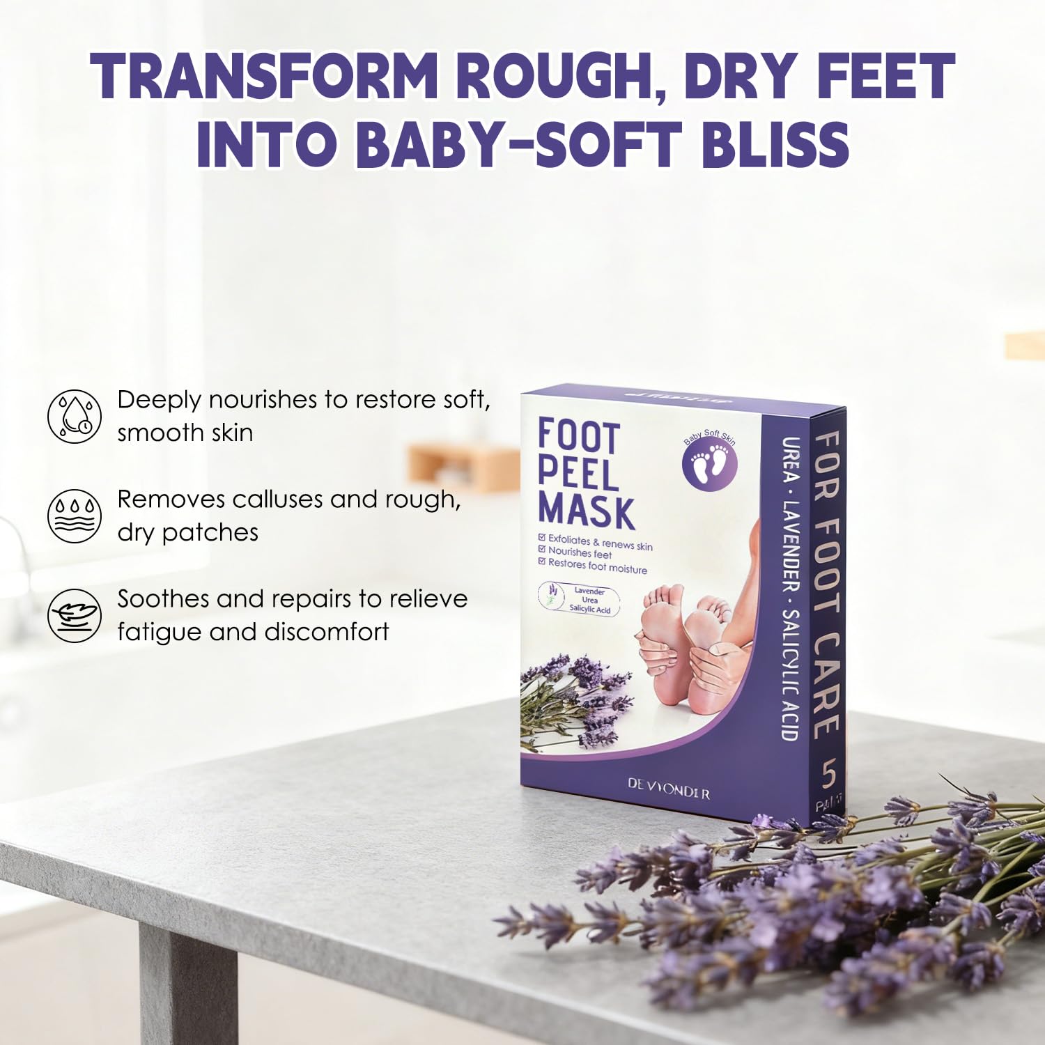 Devyonder ingredients label highlighting urea salicylic acid and lavender benefits