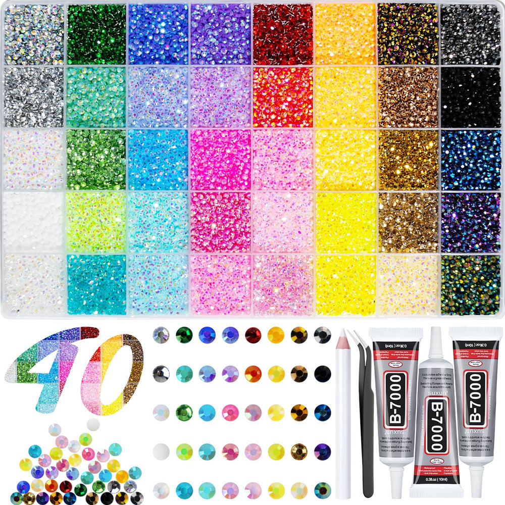 DEWJDFSC open storage case showing organized rainbow rhinestones for fast selection