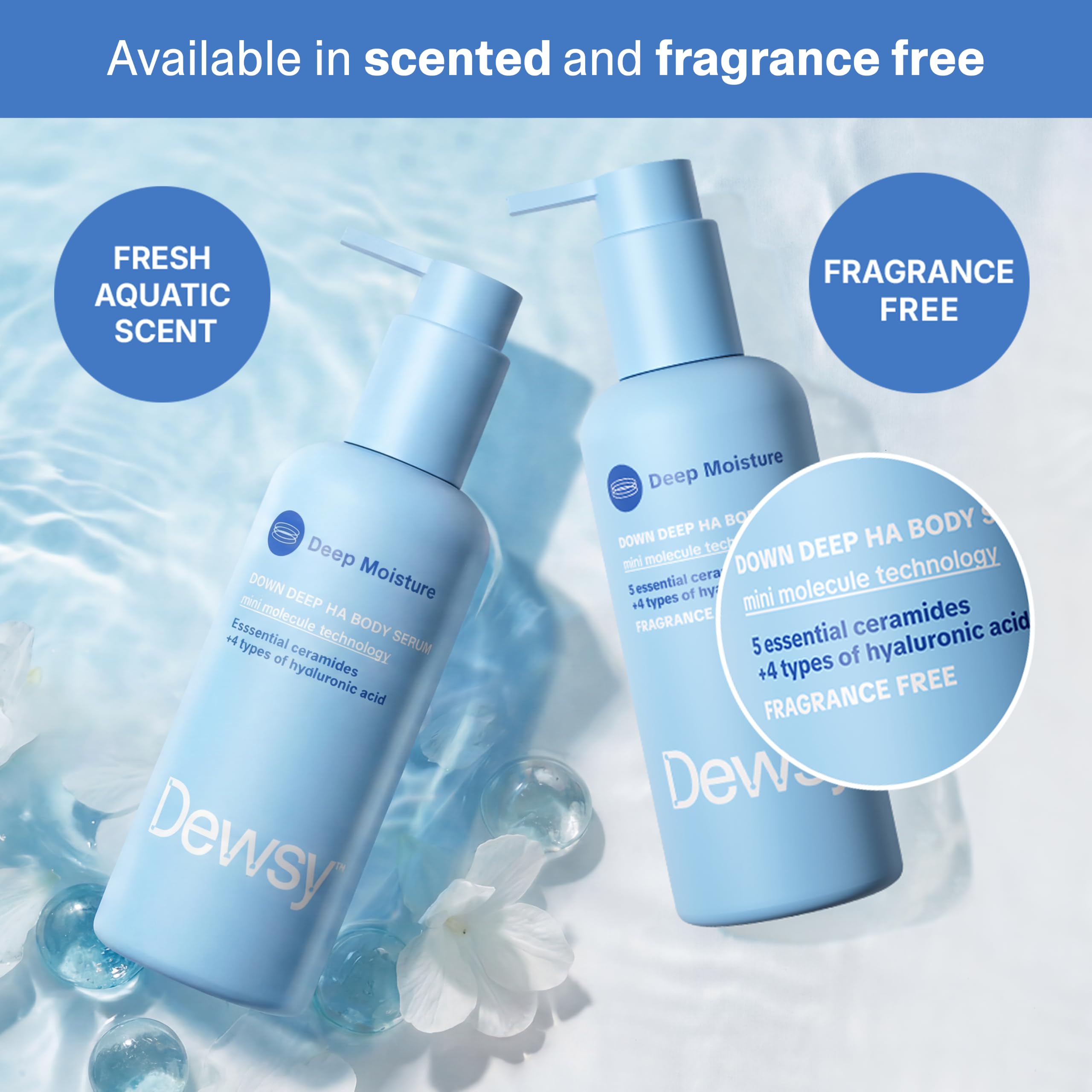 Dewsy product label close-up listing hyaluronic acid and five ceramides benefits