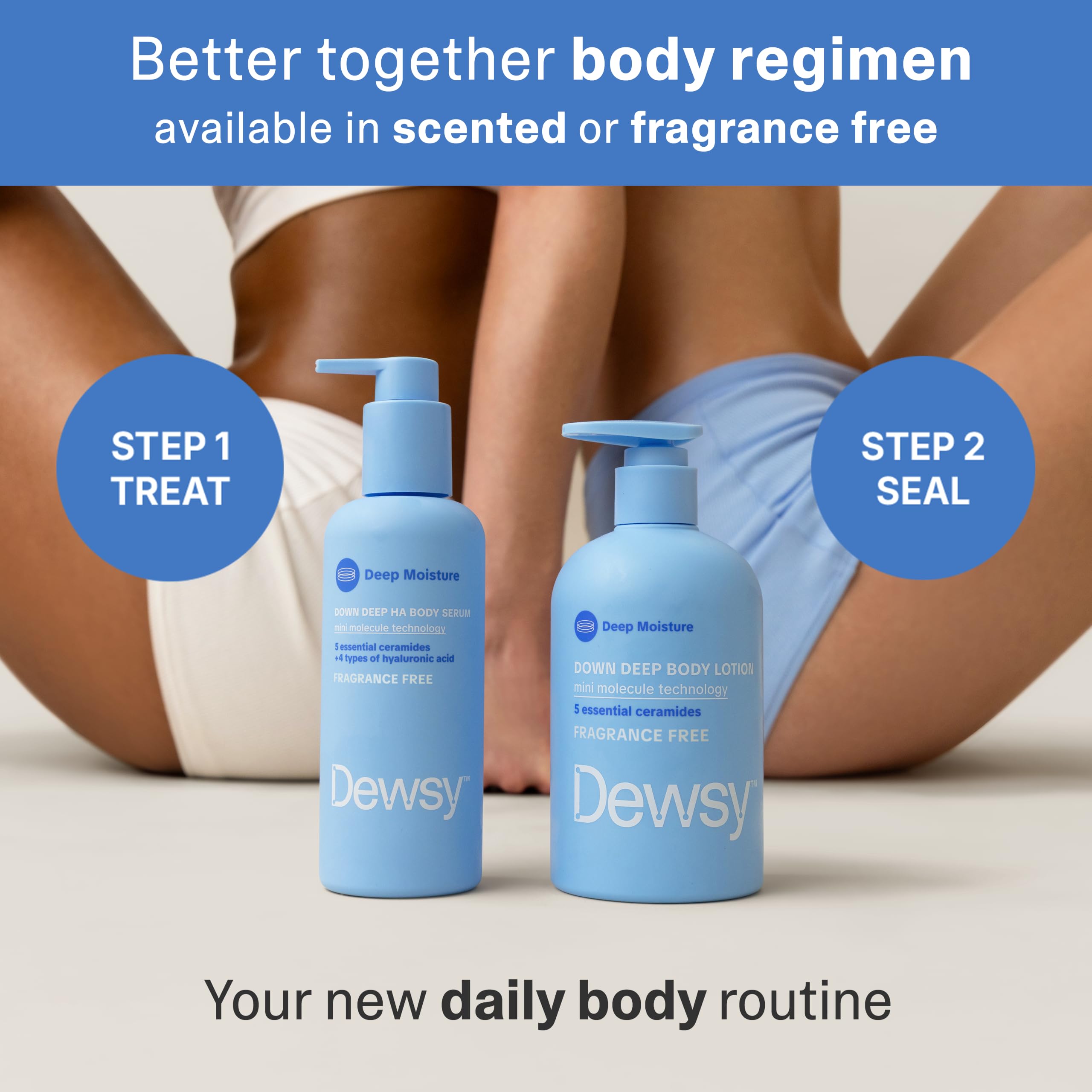 Dewsy Down Deep on bathroom shelf in lifestyle setting for routine benefit