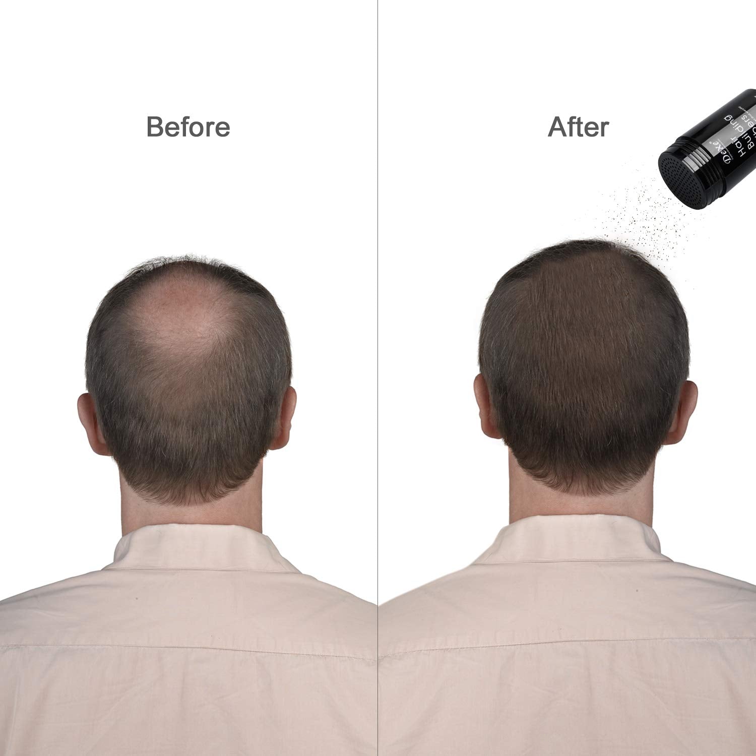Dexe before and after comparison showing fuller hair appearance after fiber use