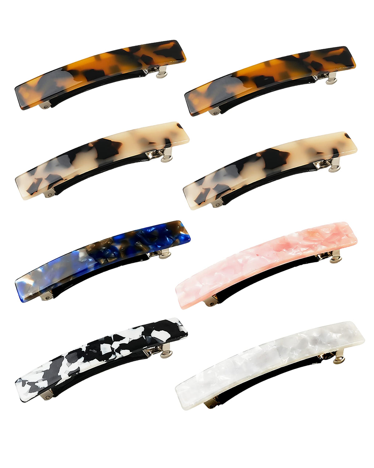 DF DUALFERV front view of eight tortoise barrettes showing styles and finish
