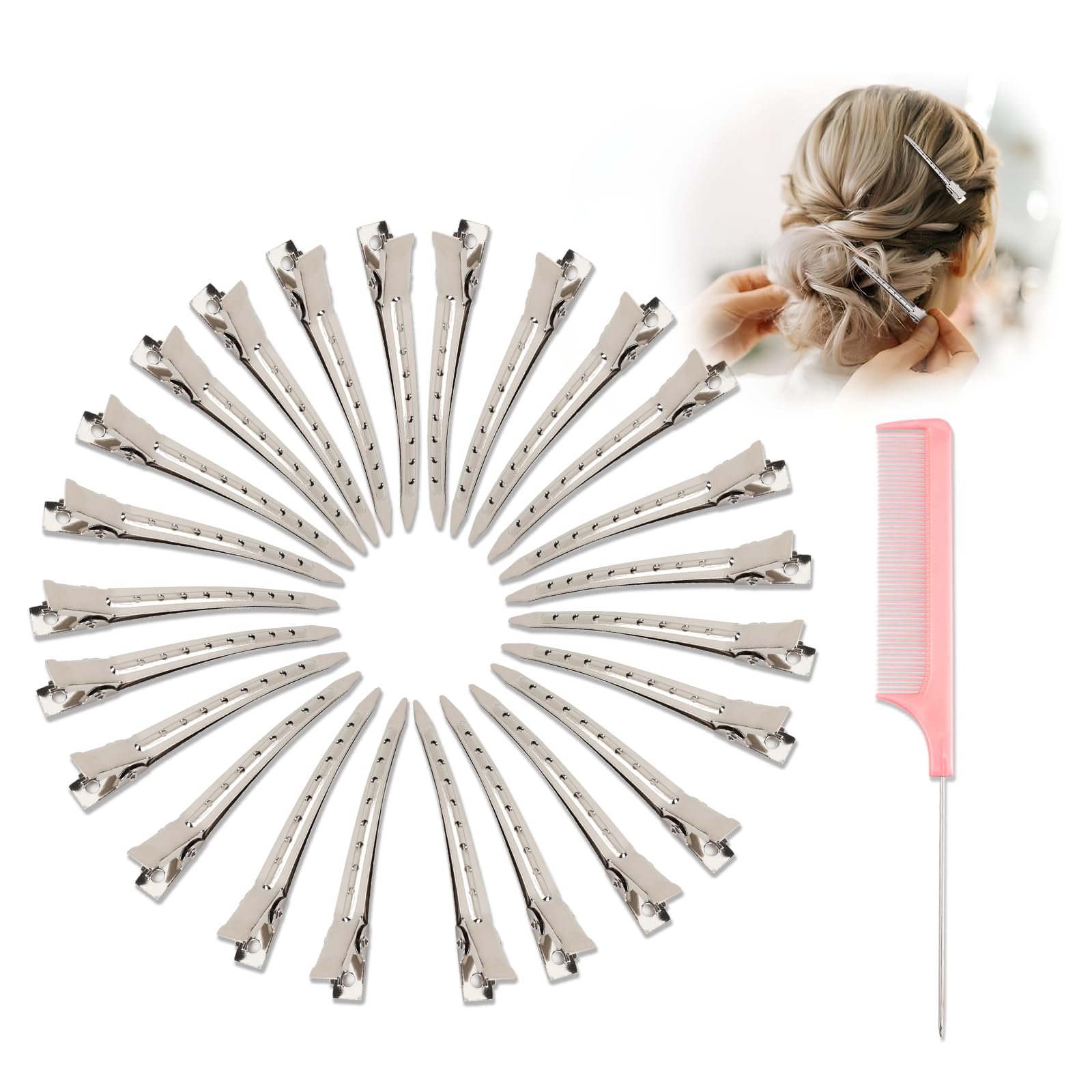 Dgeclr front packaging showing 24 silver clips and comb for organized styling