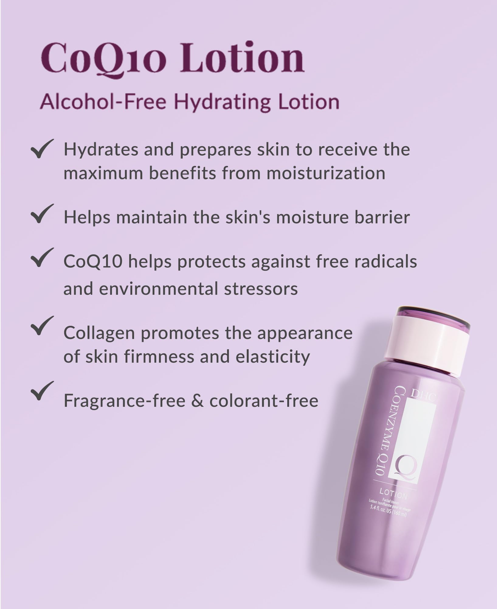 DHC CoQ10 lotion back label highlighting ingredients and reassuring clarity benefit