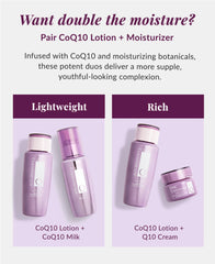 DHC CoQ10 lotion next to water droplet scale showing enhanced moisture benefit