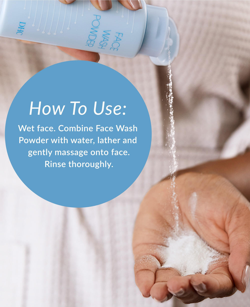 DHC cleanser being applied at a sink showing easy activation and rinse-off benefit