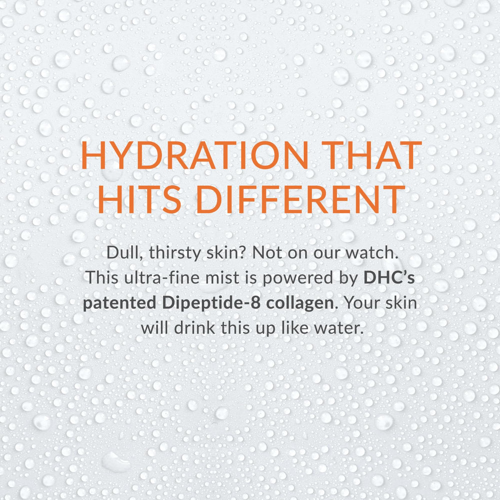 DHC mist texture droplet on skin showing lightweight absorption and dewy finish