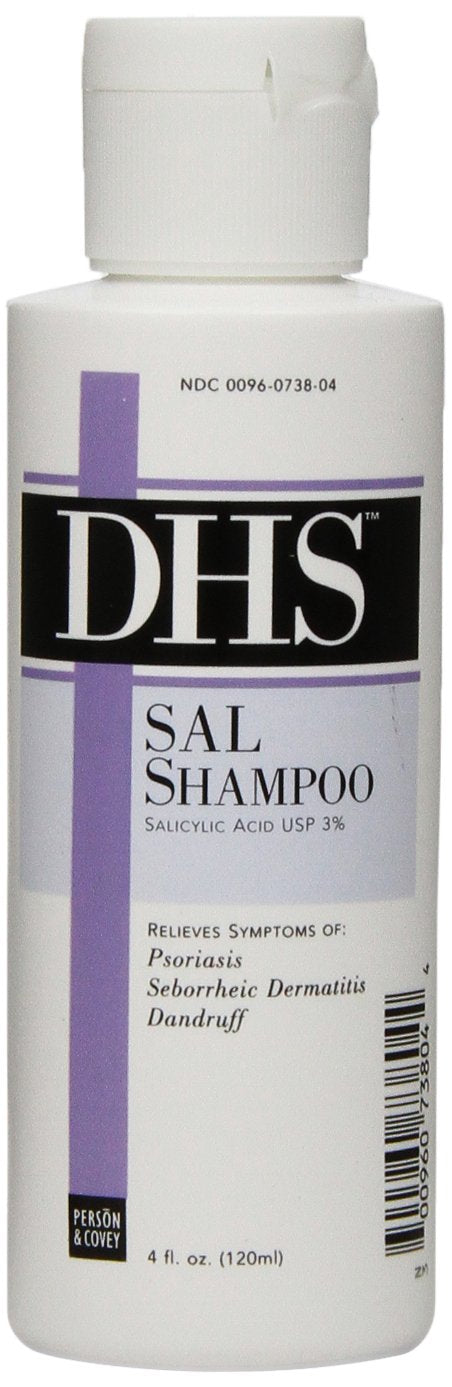 DHS Sal Shampoo front label showing 4 oz bottle and usage information for targeted scalp relief