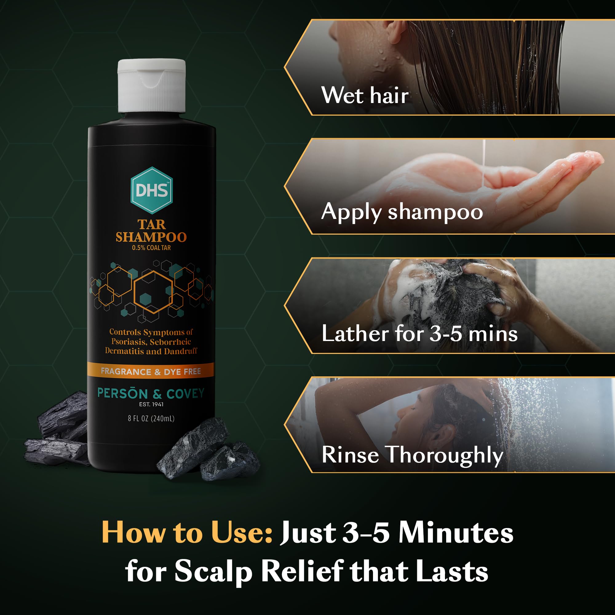 DHS shampoo on bathroom shelf in use showing convenient daily care benefit