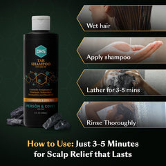 DHS shampoo on bathroom shelf in use showing convenient daily care benefit