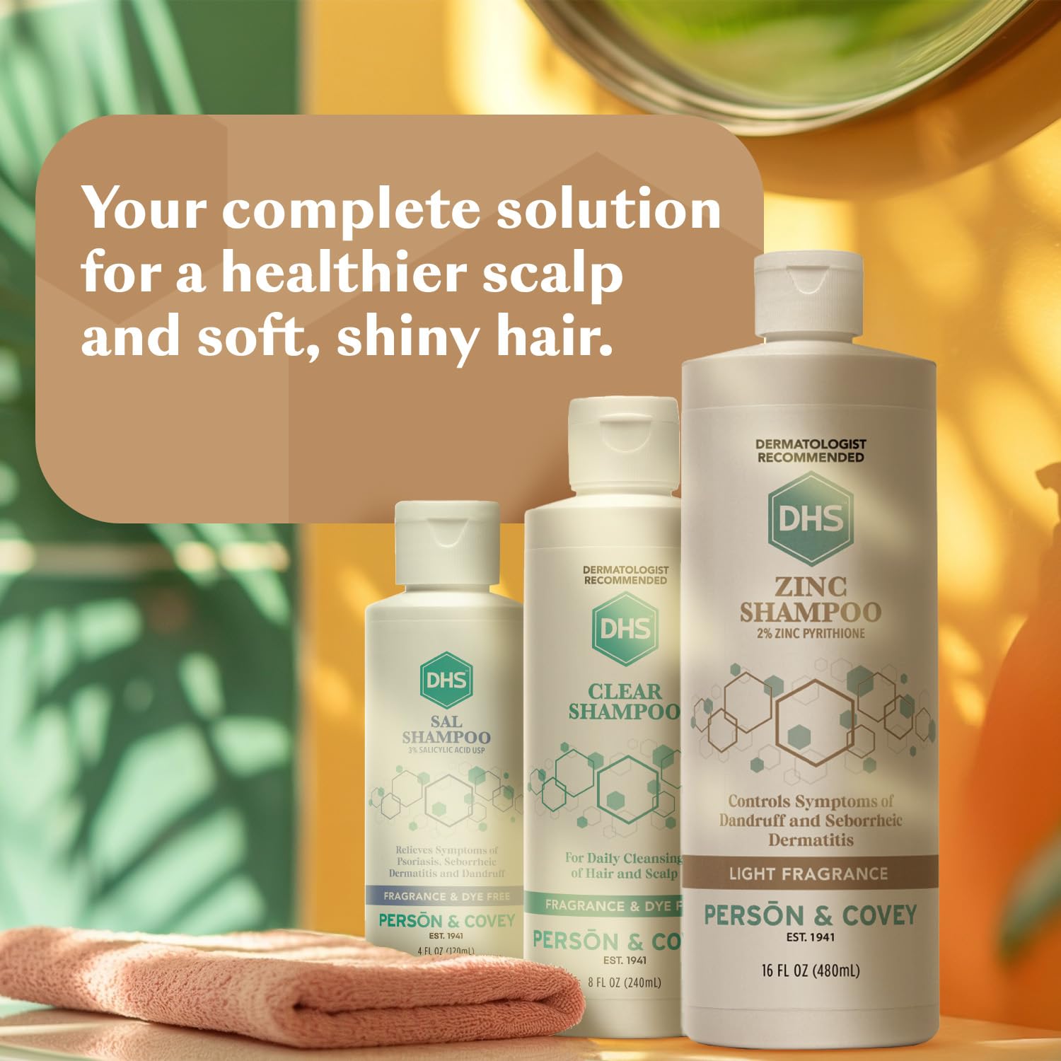 DHS zinc shampoo two bottles stacked showing value and travel-ready set