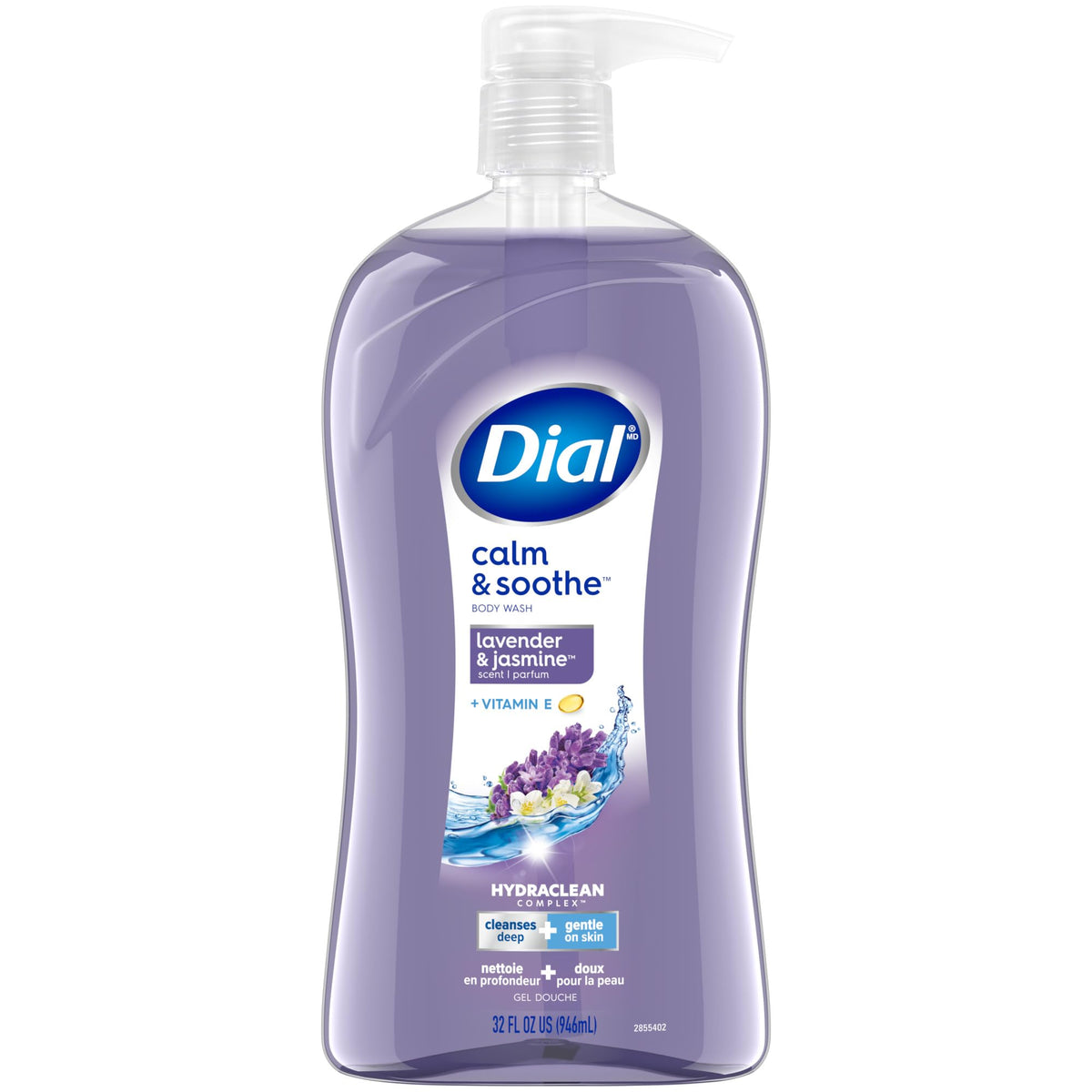 Dial bottle front view showing 32 fl oz and calming scent benefits