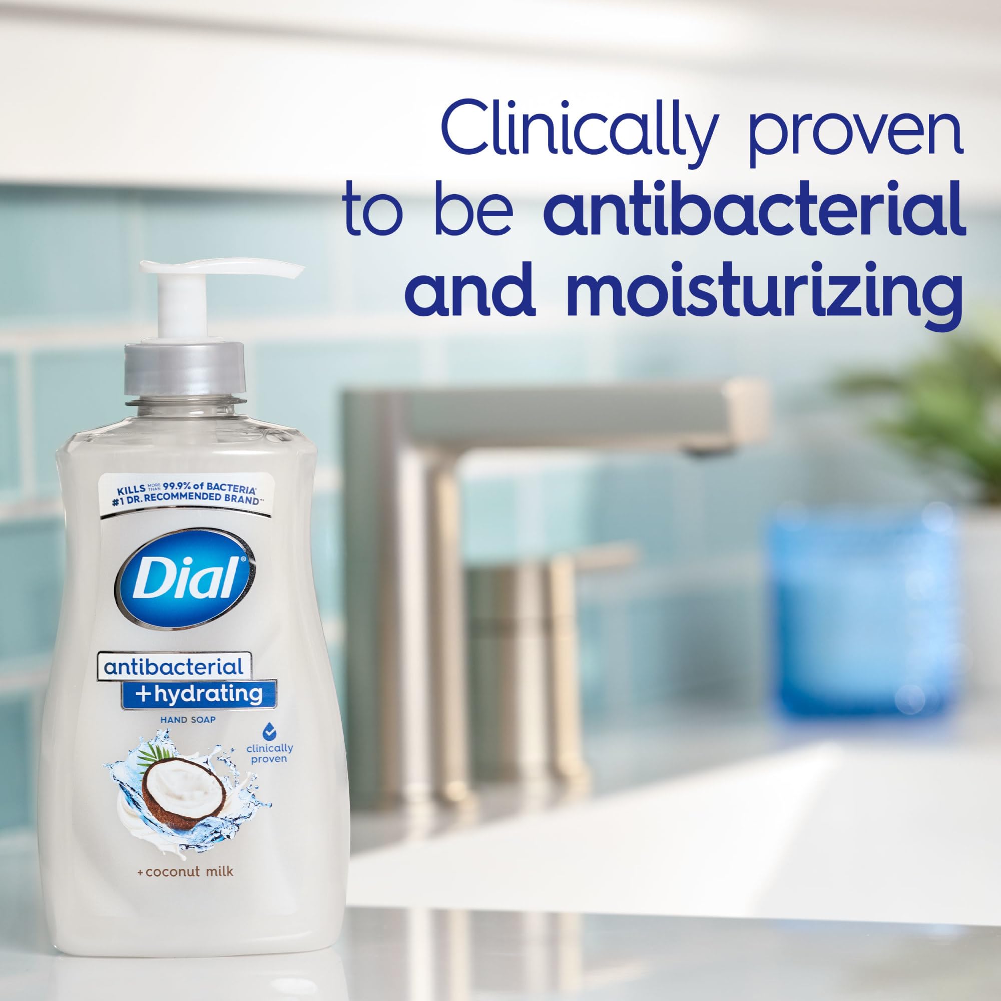 Dial closeup of pump and label highlighting antibacterial and hydrating benefits