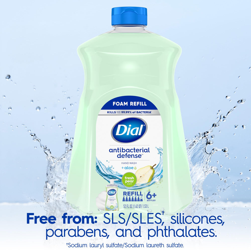 Dial fresh pear hand wash in use showing lather on hands and effective dirt removal