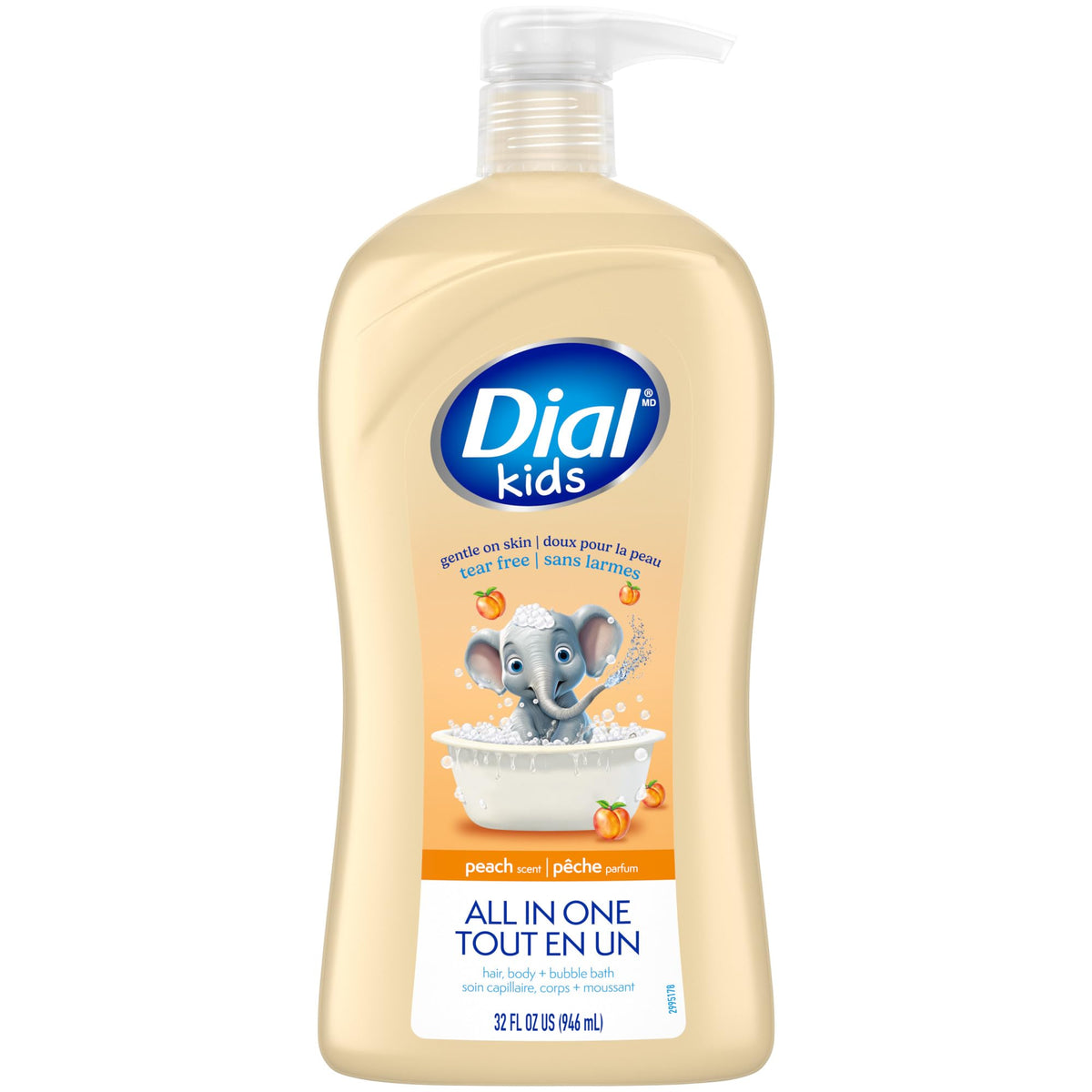 Dial front packaging showing 32 fl oz bottle and peach scent benefits