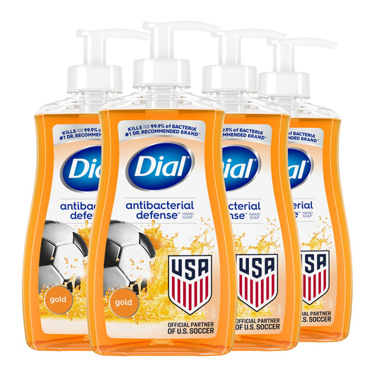 Dial front packaging showing Gold scent and four-pack convenience benefit