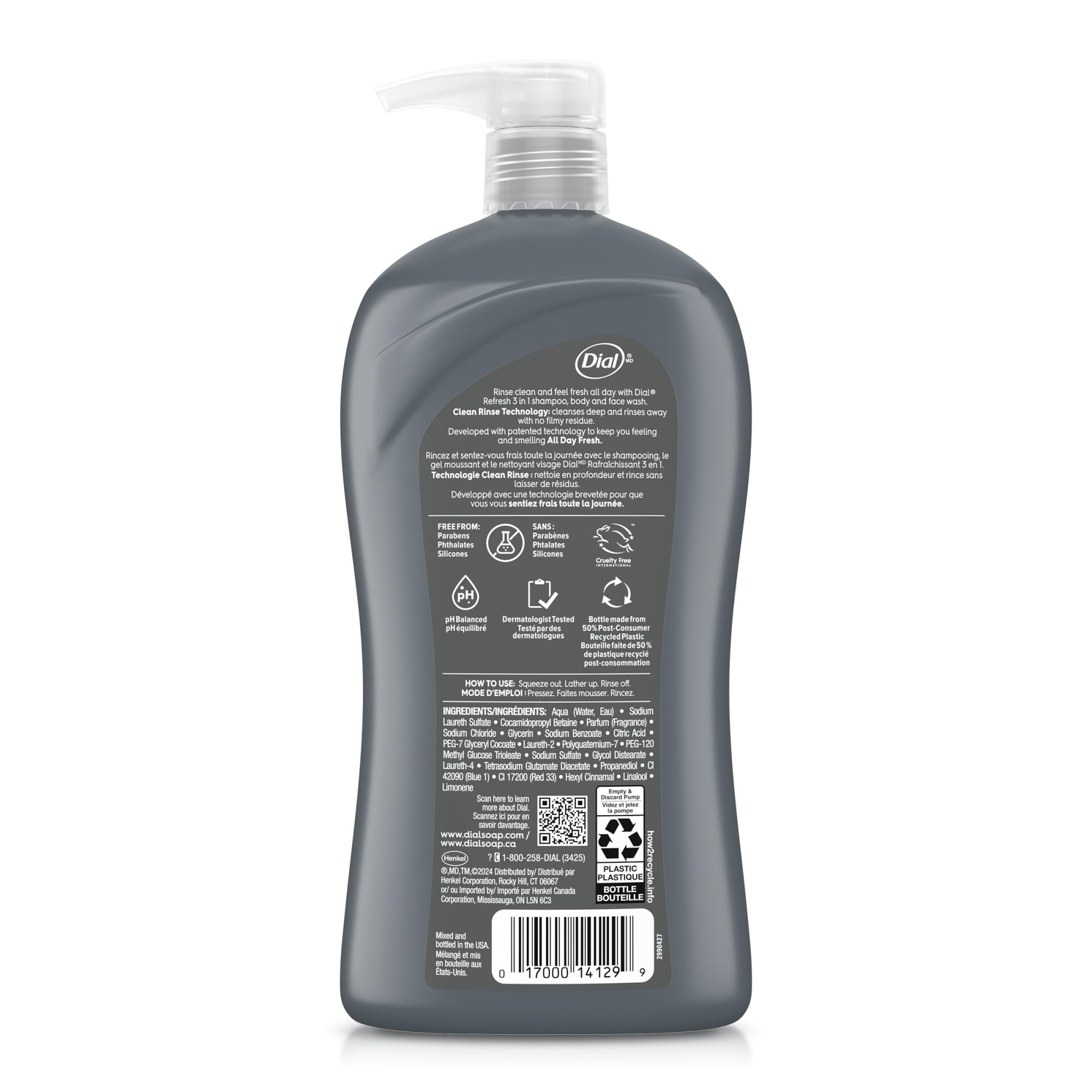 Dial product label detail highlighting ingredients and skin-safe formulation