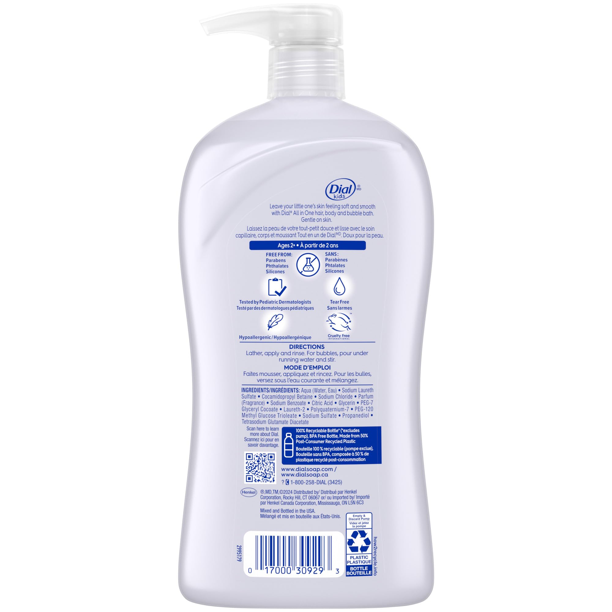 Dial ingredient label detail showing hypoallergenic and free-from benefits