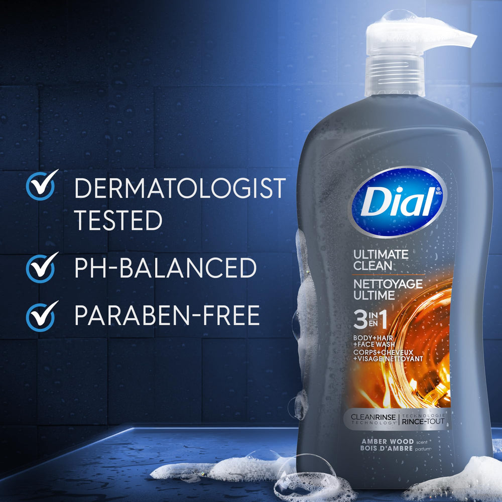 Applying Dial men 3-in-1 to hair demonstrating efficient wash