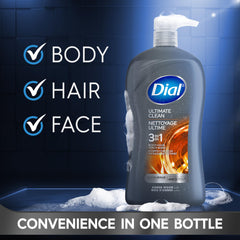 Dial men bottle cap and pump detail for easy dispensing benefit