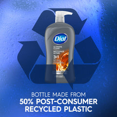 Recycled plastic mark on Dial men bottle showing sustainable benefit