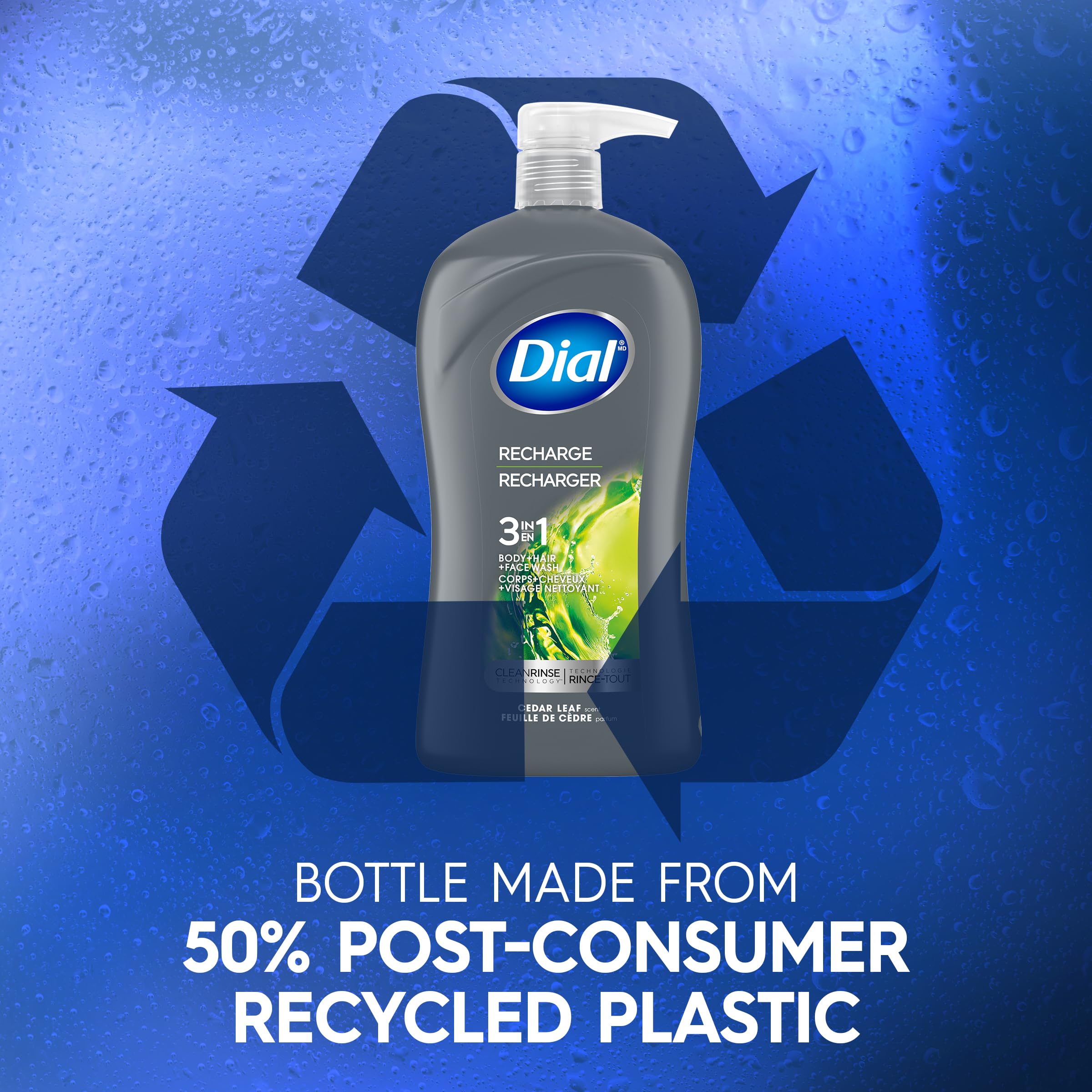 Dial recycled bottle label emphasizing eco-friendly 50% PCR plastic benefit