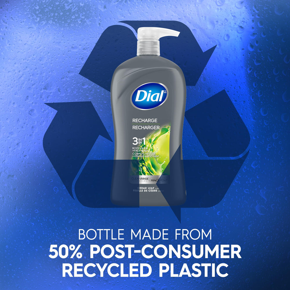 Dial recycled bottle label emphasizing eco-friendly 50% PCR plastic benefit