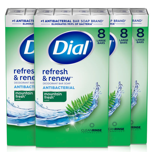 Dial mountain fresh front packaging showing bulk 32-bar supply and clear branding