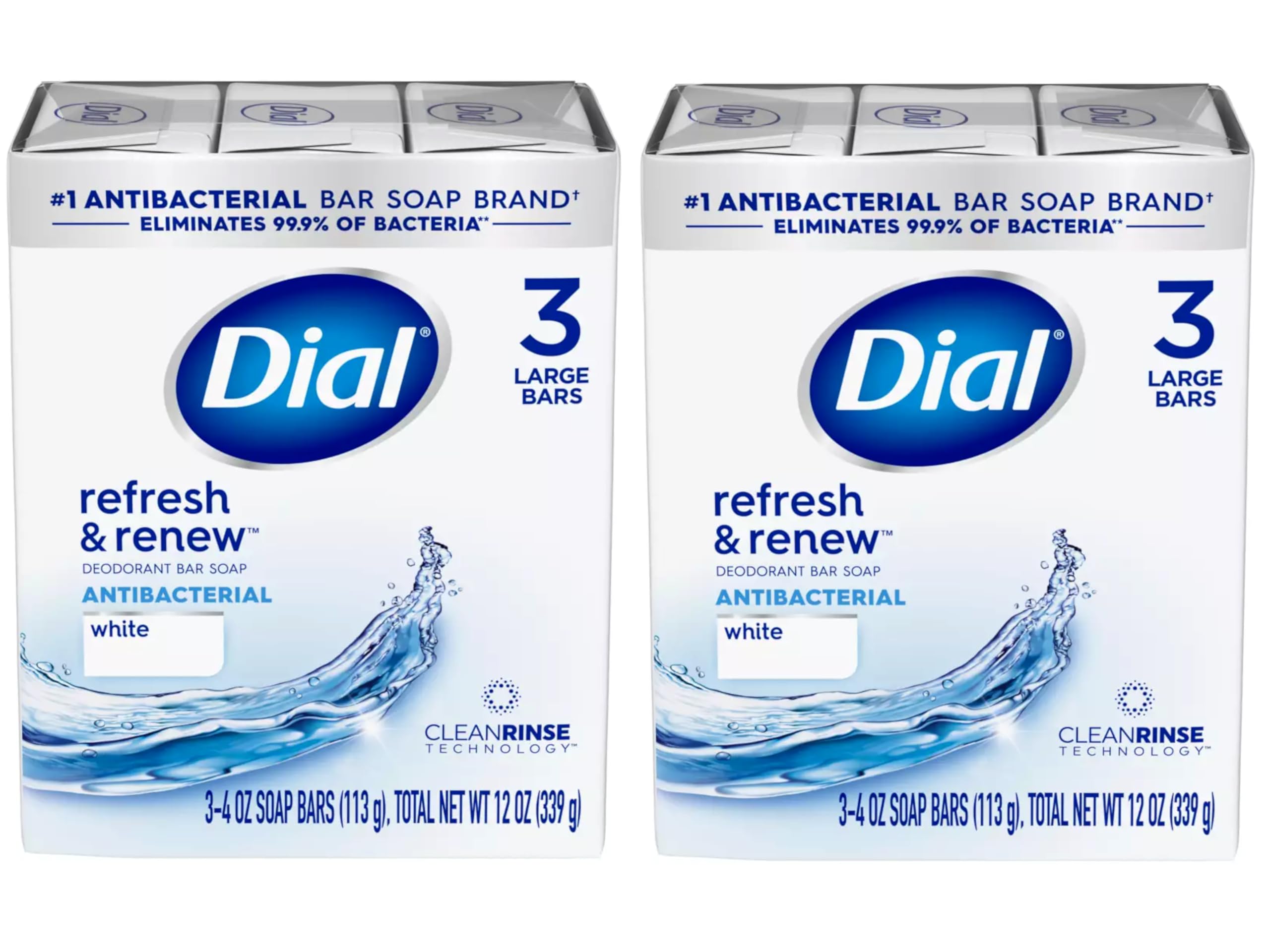 Dial Refresh & Renew front packaging showing two 3-4 oz bars and branding for quick recognition