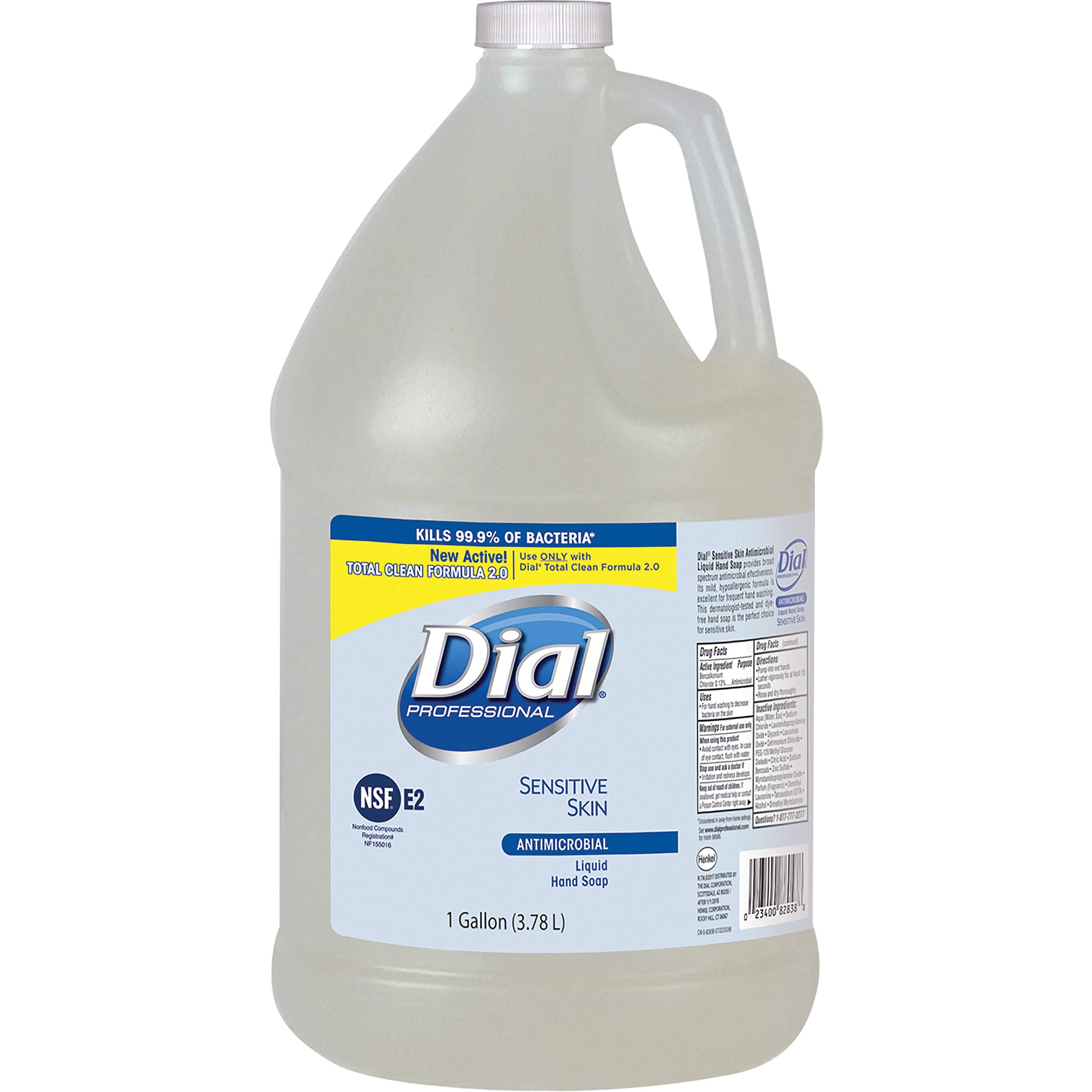 Dial sensitive skin refill jug front view shows clear soap and gentle formula benefits