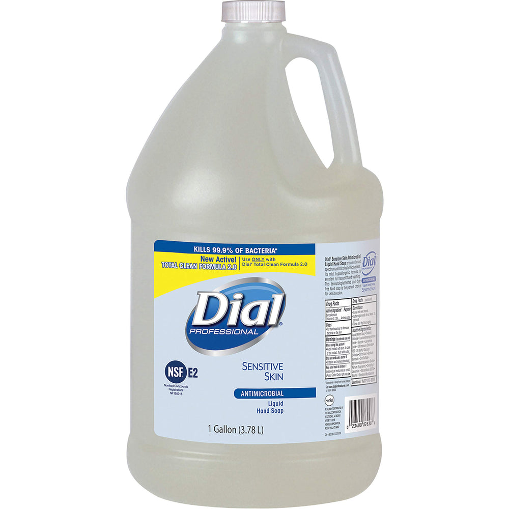 Dial sensitive skin refill jug front view shows clear soap and gentle formula benefits
