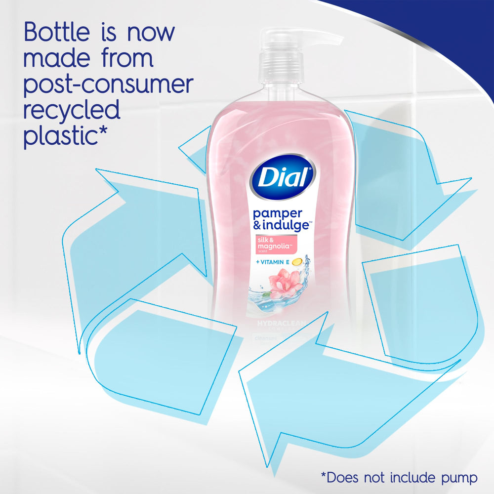 Dial 32 fl oz bottle beside a hand for size comparison benefit
