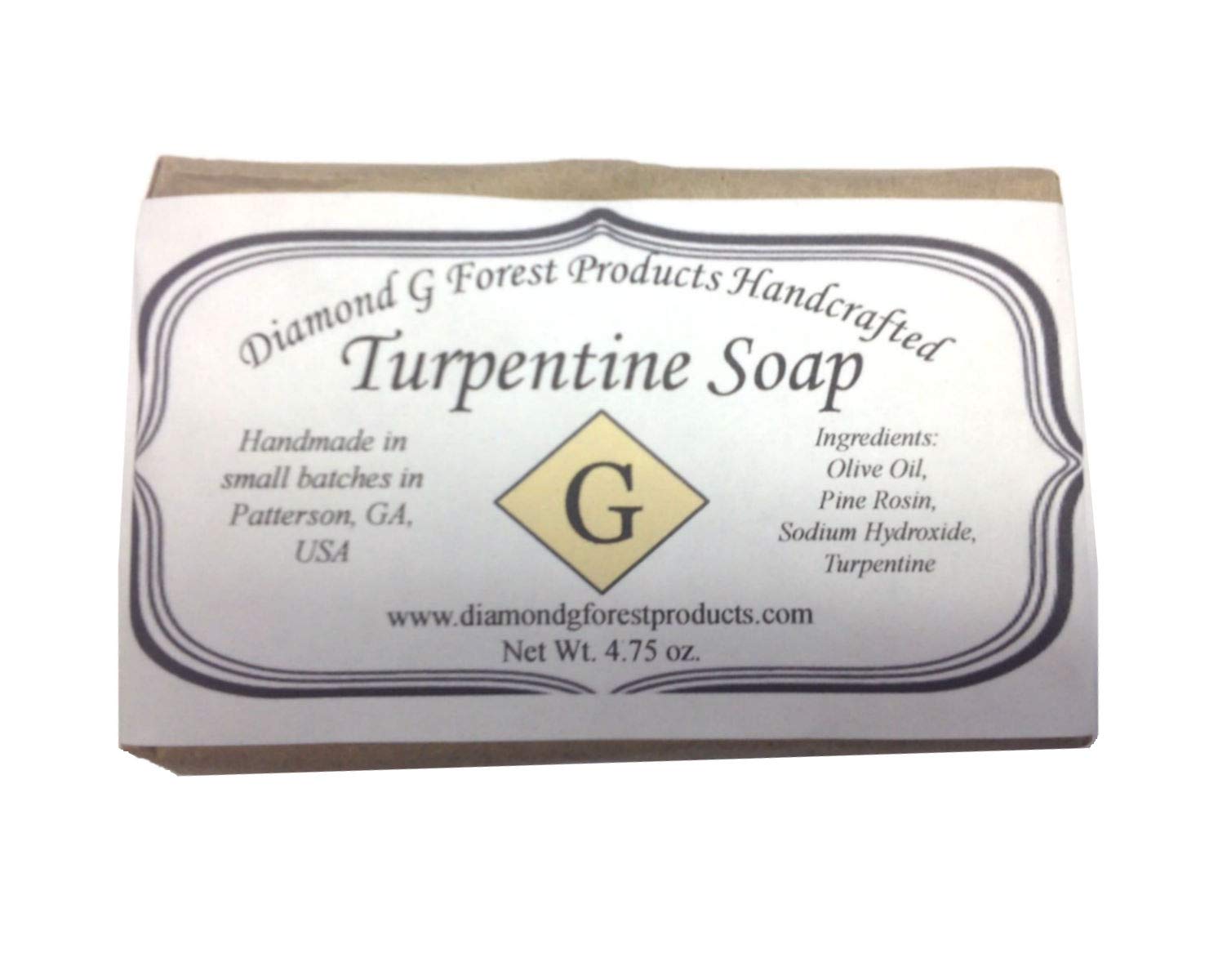 Diamond G handcrafted turpentine soap front bar showing label and shape, natural scent benefit