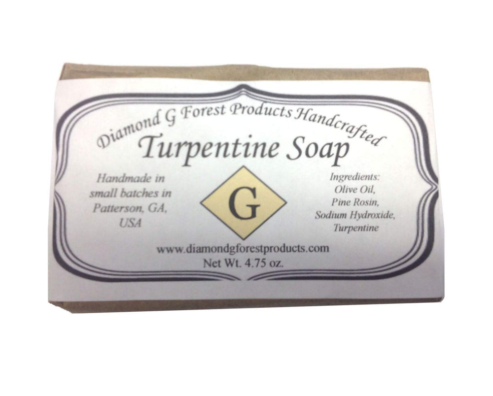 Diamond G handcrafted turpentine soap front bar showing label and shape, natural scent benefit
