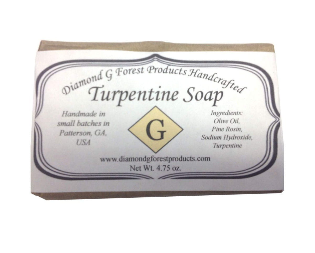 Diamond G handcrafted turpentine soap front bar showing label and shape, natural scent benefit