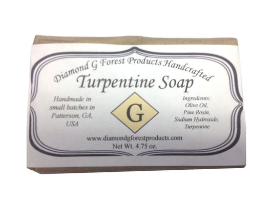 Diamond G handcrafted turpentine soap front bar showing label and shape, natural scent benefit