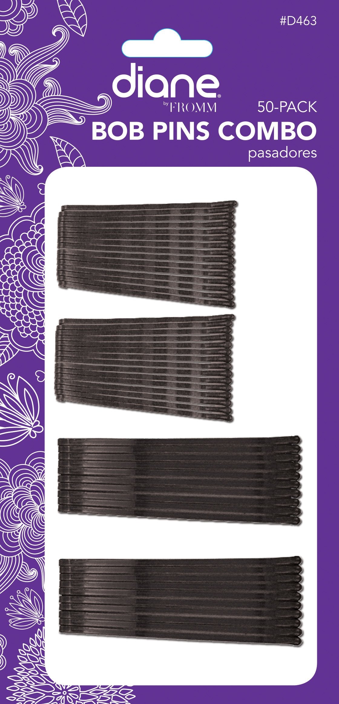 Diane front card display of 50 black bob pins showing mixed lengths and tidy packaging