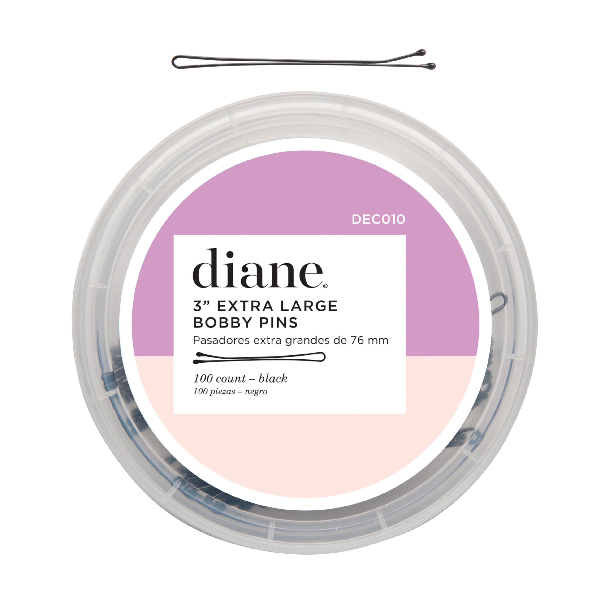 Diane extra long bobby pins front packaging showing 100-count and benefits