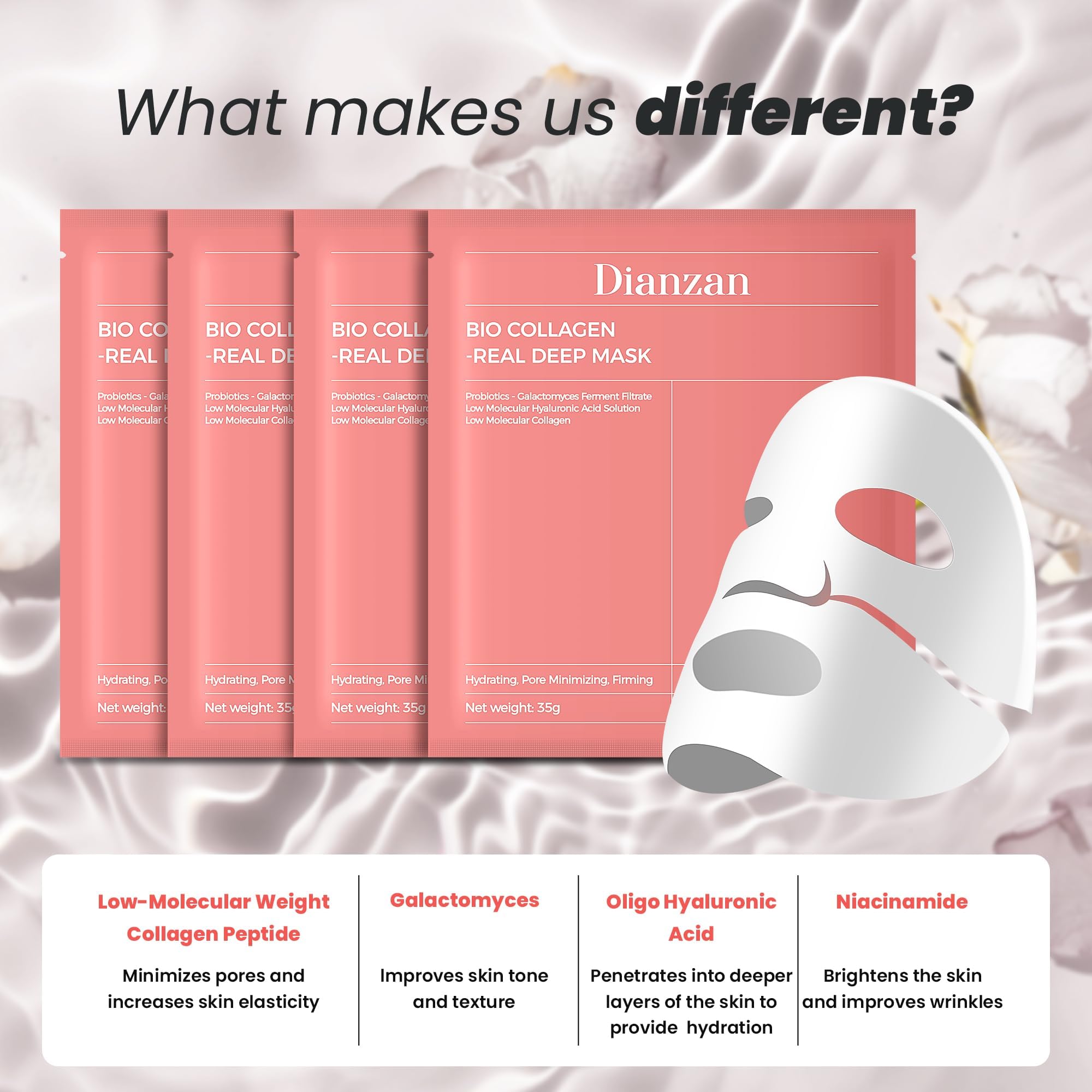 Dianzan label close-up highlighting collagen and niacinamide for brighter, firmer skin