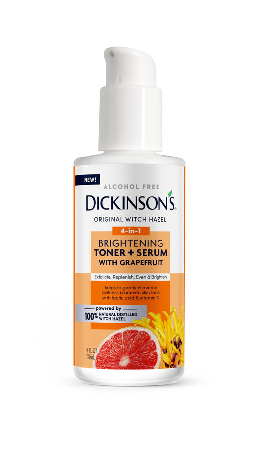 Dickinson's front bottle of brightening toner shows clean design and quick radiance