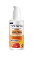 Dickinson's front bottle of brightening toner shows clean design and quick radiance