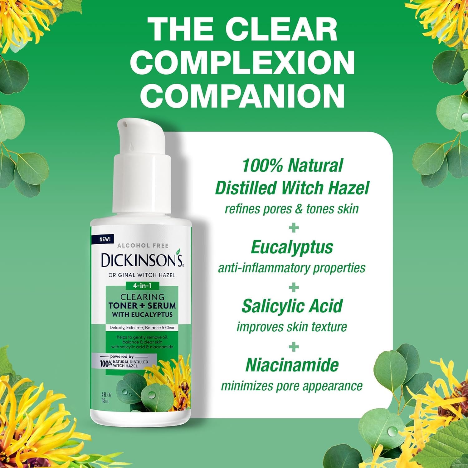Dickinson's ingredient label close-up showing witch hazel and active ingredients