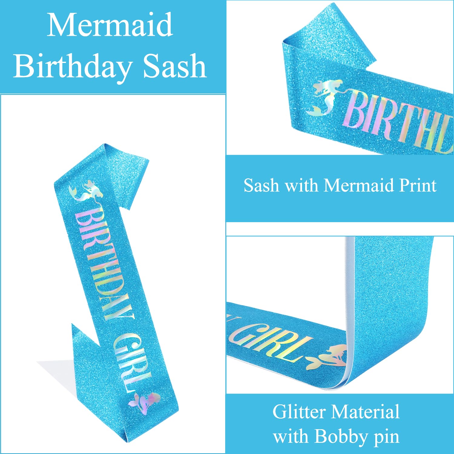 Didder sash full length in ocean blue showing mermaid print and sparkle