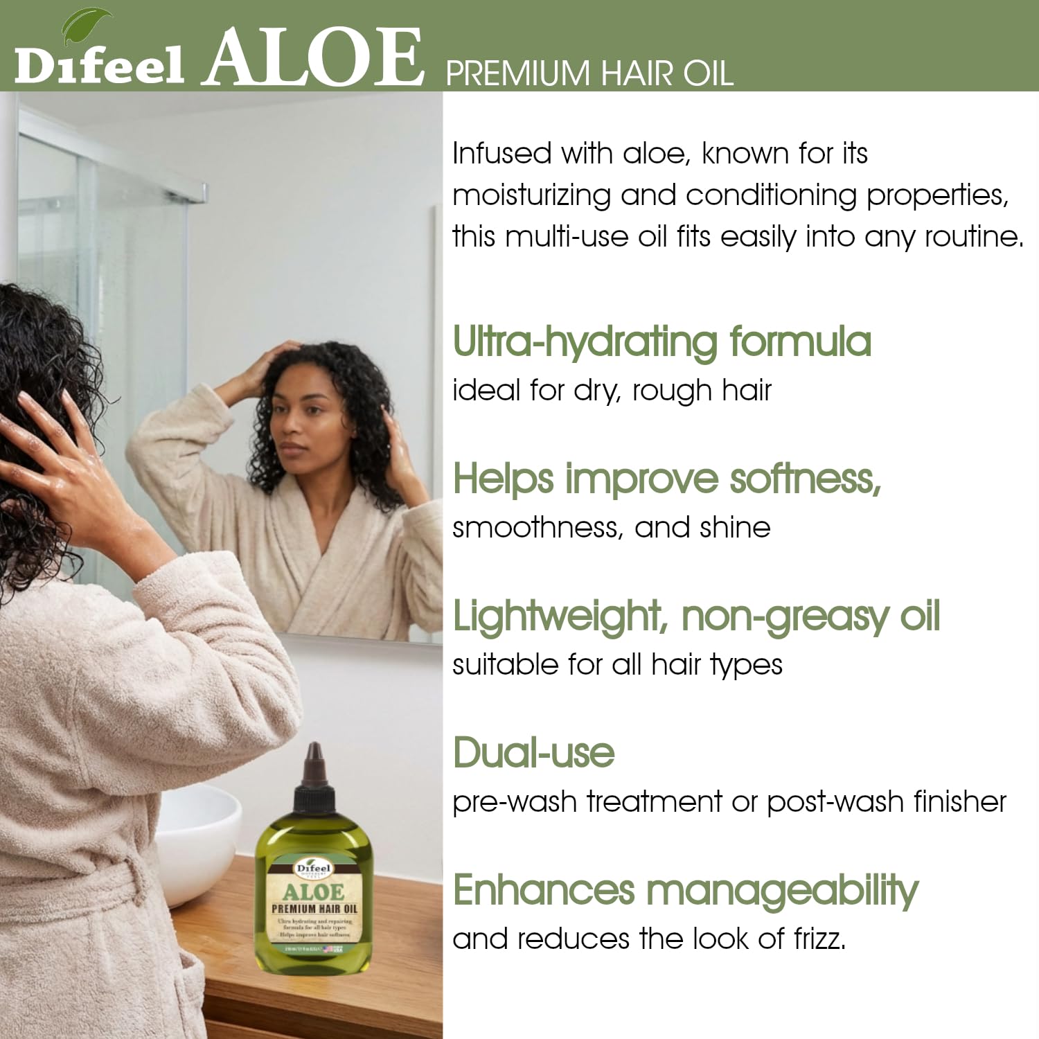 Difeel bottle held in hand to show 7.1 ounce scale and travel-friendly size